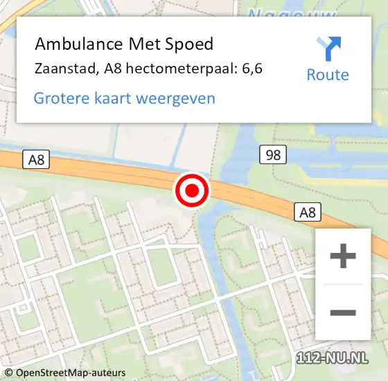 Locatie op kaart van de 112 melding: Ambulance Met Spoed Naar Zaanstad, A8 hectometerpaal: 6,6 op 18 november 2024 07:45