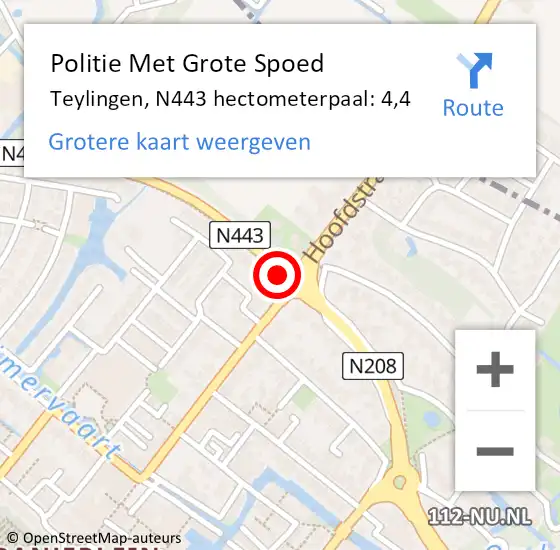 Locatie op kaart van de 112 melding: Politie Met Grote Spoed Naar Teylingen, N443 hectometerpaal: 4,4 op 18 november 2024 08:52