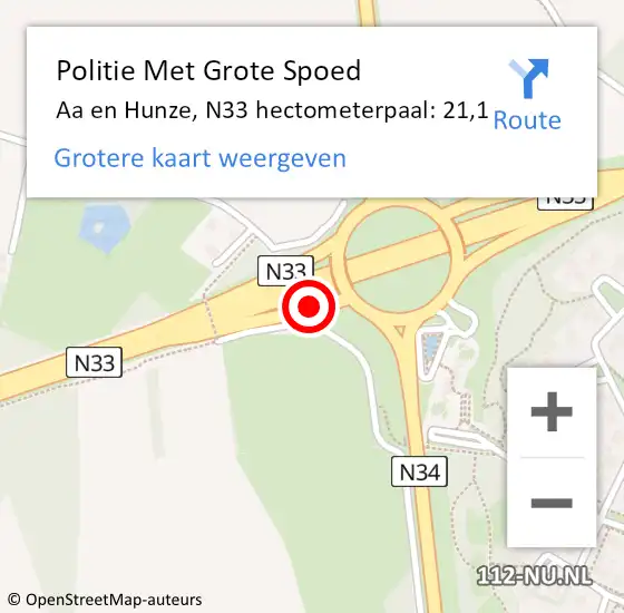 Locatie op kaart van de 112 melding: Politie Met Grote Spoed Naar Aa en Hunze, N33 hectometerpaal: 21,1 op 18 november 2024 10:54