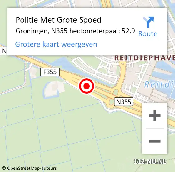 Locatie op kaart van de 112 melding: Politie Met Grote Spoed Naar Groningen, N355 hectometerpaal: 52,9 op 18 november 2024 12:43