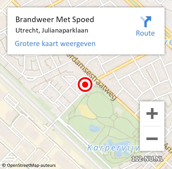 Locatie op kaart van de 112 melding: Brandweer Met Spoed Naar Utrecht, Julianaparklaan op 18 november 2024 13:52