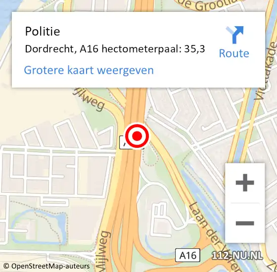 Locatie op kaart van de 112 melding: Politie Dordrecht, A16 hectometerpaal: 35,3 op 18 november 2024 14:16