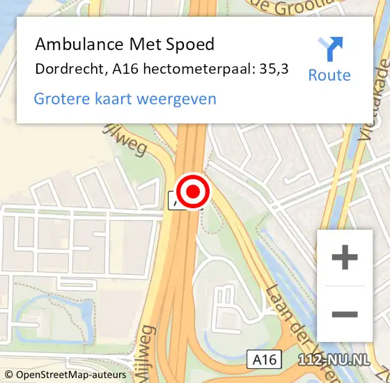 Locatie op kaart van de 112 melding: Ambulance Met Spoed Naar Dordrecht, A16 hectometerpaal: 35,3 op 18 november 2024 14:20