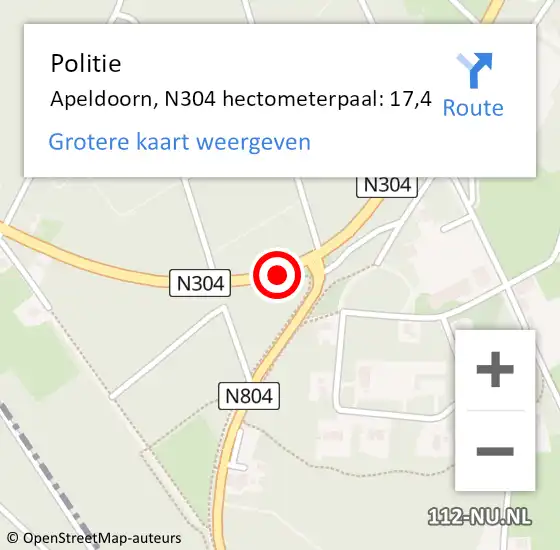 Locatie op kaart van de 112 melding: Politie Apeldoorn, N304 hectometerpaal: 17,4 op 18 november 2024 14:42