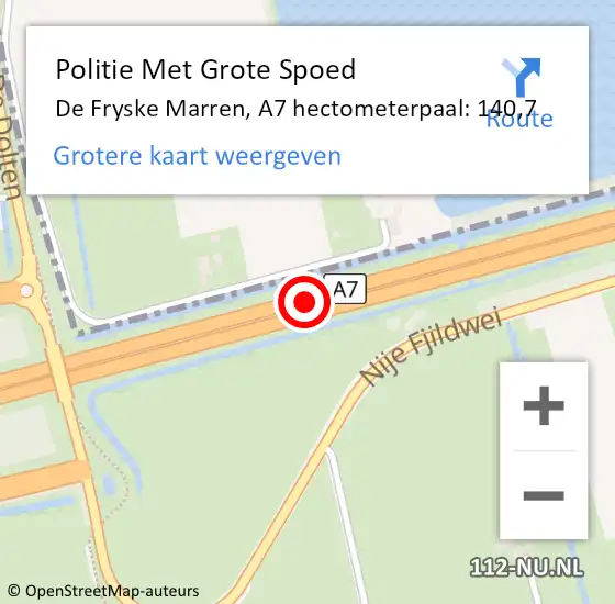 Locatie op kaart van de 112 melding: Politie Met Grote Spoed Naar De Fryske Marren, A7 hectometerpaal: 140,7 op 18 november 2024 14:43