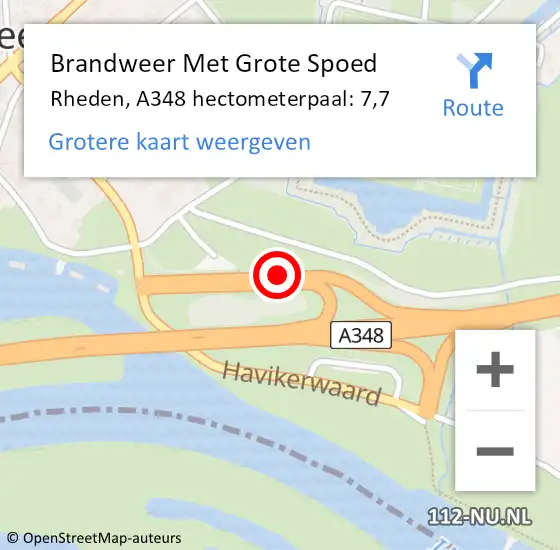 Locatie op kaart van de 112 melding: Brandweer Met Grote Spoed Naar Rheden, A348 hectometerpaal: 7,7 op 18 november 2024 15:06