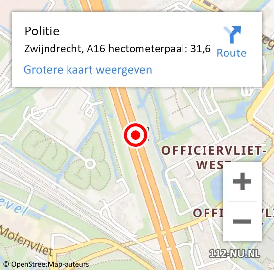 Locatie op kaart van de 112 melding: Politie Zwijndrecht, A16 hectometerpaal: 31,6 op 18 november 2024 15:11