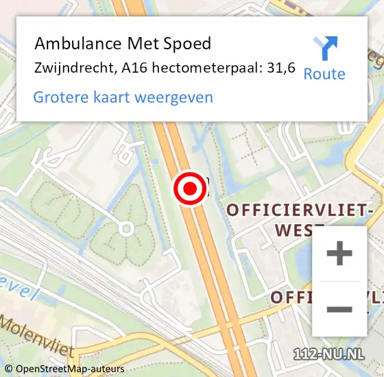 Locatie op kaart van de 112 melding: Ambulance Met Spoed Naar Zwijndrecht, A16 hectometerpaal: 31,6 op 18 november 2024 15:11