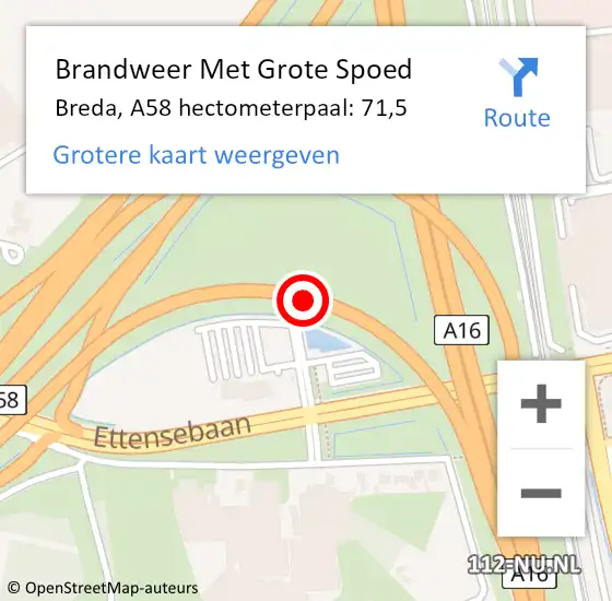 Locatie op kaart van de 112 melding: Brandweer Met Grote Spoed Naar Breda, A58 hectometerpaal: 71,5 op 18 november 2024 15:34