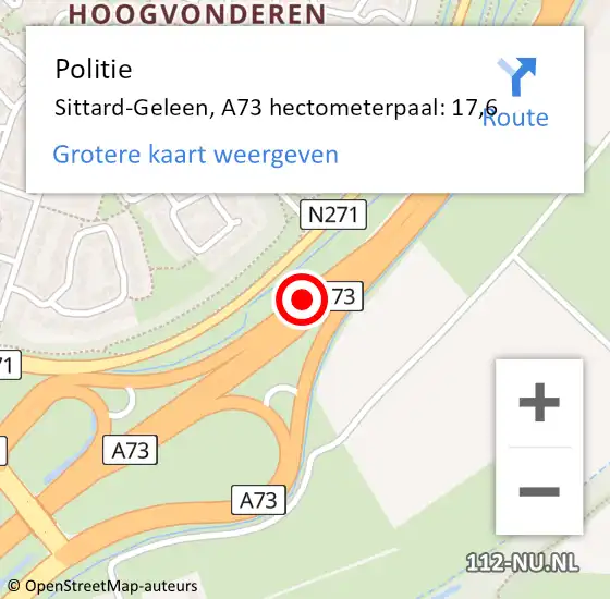 Locatie op kaart van de 112 melding: Politie Roermond, A73 hectometerpaal: 17,6 op 18 november 2024 16:31