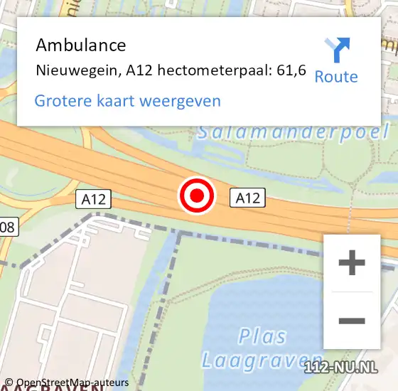 Locatie op kaart van de 112 melding: Ambulance Nieuwegein, A12 hectometerpaal: 61,6 op 18 november 2024 17:05