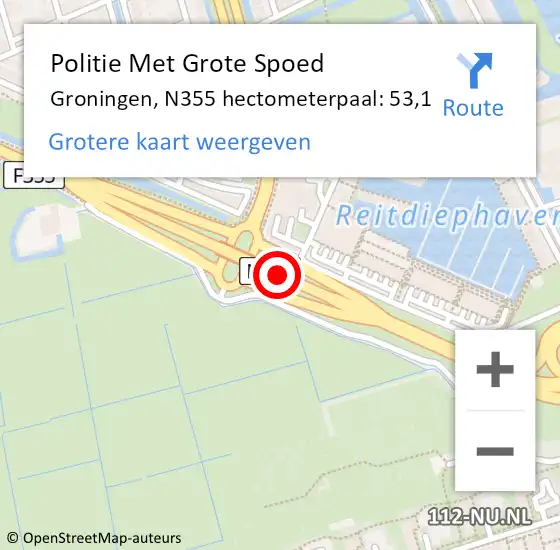 Locatie op kaart van de 112 melding: Politie Met Grote Spoed Naar Groningen, N355 hectometerpaal: 53,1 op 18 november 2024 17:25