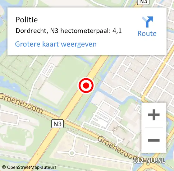 Locatie op kaart van de 112 melding: Politie Dordrecht, N3 hectometerpaal: 4,1 op 18 november 2024 21:07