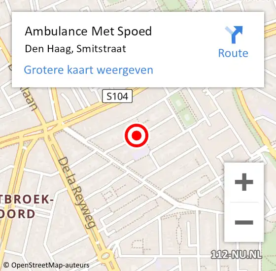 Locatie op kaart van de 112 melding: Ambulance Met Spoed Naar Den Haag, Smitstraat op 18 november 2024 21:46