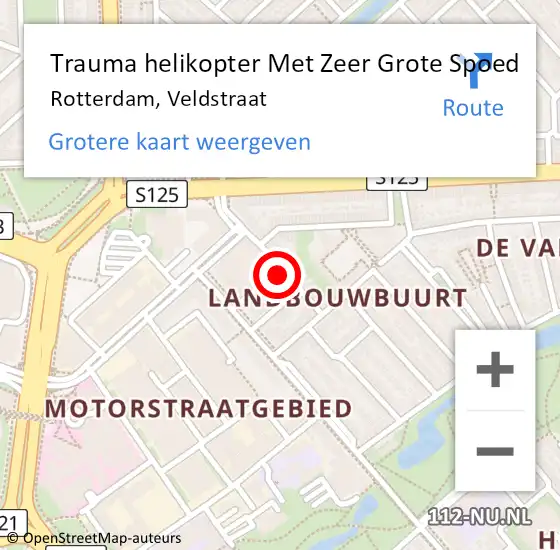 Locatie op kaart van de 112 melding: Trauma helikopter Met Zeer Grote Spoed Naar Rotterdam, Veldstraat op 18 november 2024 22:12