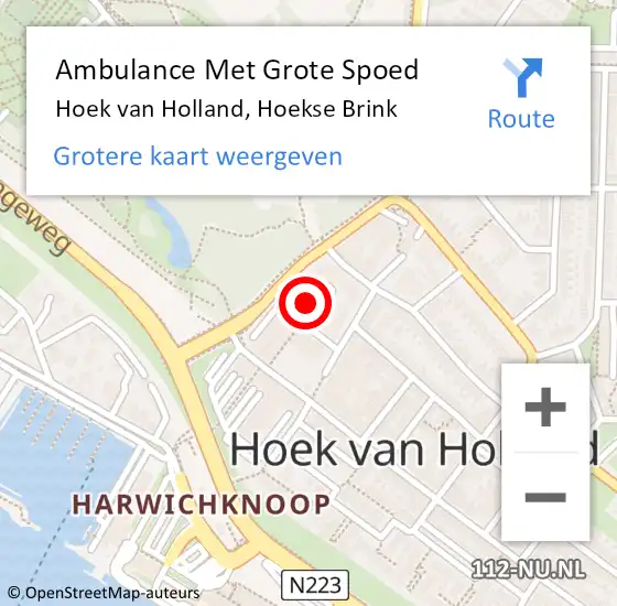 Locatie op kaart van de 112 melding: Ambulance Met Grote Spoed Naar Hoek van Holland, Hoekse Brink op 18 november 2024 23:16