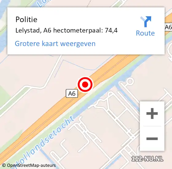 Locatie op kaart van de 112 melding: Politie Lelystad, A6 hectometerpaal: 74,4 op 19 november 2024 01:18