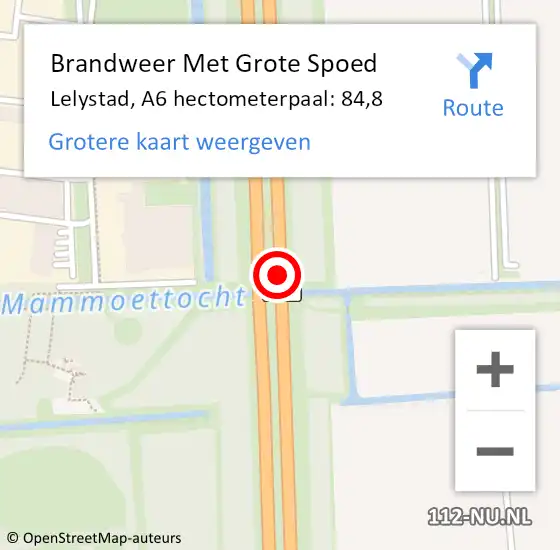 Locatie op kaart van de 112 melding: Brandweer Met Grote Spoed Naar Lelystad, A6 hectometerpaal: 84,8 op 19 november 2024 01:33