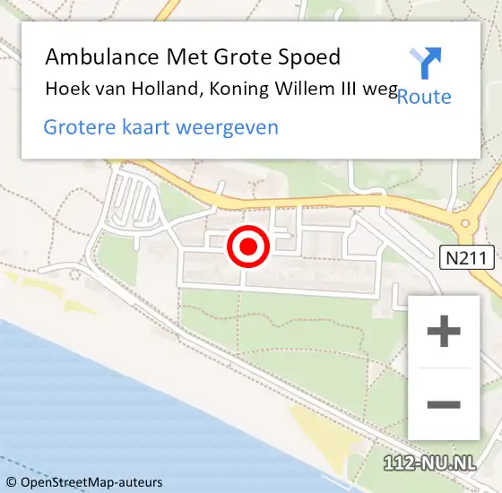 Locatie op kaart van de 112 melding: Ambulance Met Grote Spoed Naar Hoek van Holland, Koning Willem III weg op 19 november 2024 02:33