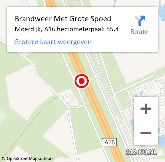 Locatie op kaart van de 112 melding: Brandweer Met Grote Spoed Naar Moerdijk, A16 hectometerpaal: 55,4 op 19 november 2024 02:48