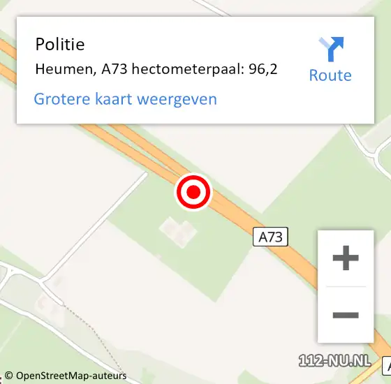 Locatie op kaart van de 112 melding: Politie Heumen, A73 hectometerpaal: 96,2 op 19 november 2024 05:46