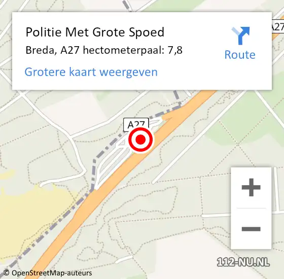 Locatie op kaart van de 112 melding: Politie Met Grote Spoed Naar Breda, A27 hectometerpaal: 7,8 op 19 november 2024 07:12