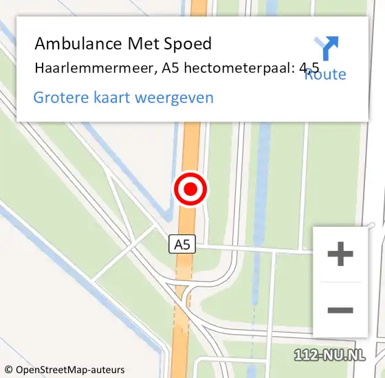 Locatie op kaart van de 112 melding: Ambulance Met Spoed Naar Haarlemmermeer, A5 hectometerpaal: 4,5 op 19 november 2024 07:28