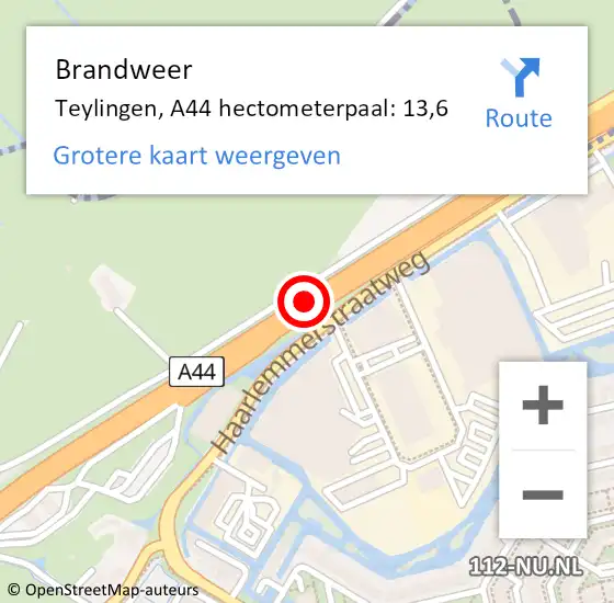 Locatie op kaart van de 112 melding: Brandweer Teylingen, A44 hectometerpaal: 13,6 op 19 november 2024 07:36