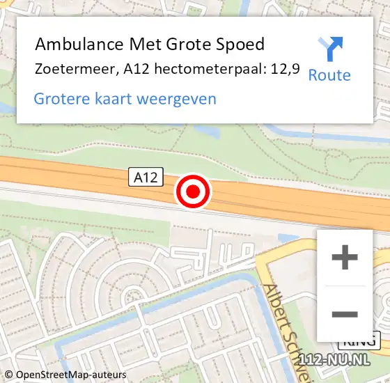 Locatie op kaart van de 112 melding: Ambulance Met Grote Spoed Naar Zoetermeer, A12 hectometerpaal: 12,9 op 19 november 2024 07:53