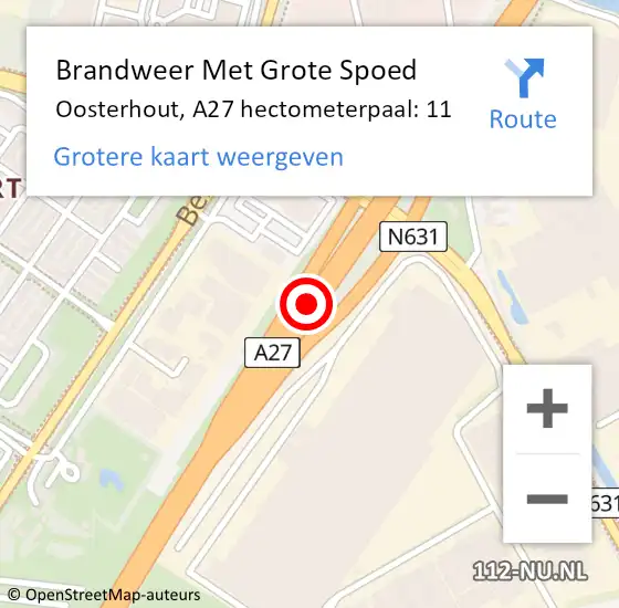 Locatie op kaart van de 112 melding: Brandweer Met Grote Spoed Naar Oosterhout, A27 hectometerpaal: 11 op 19 november 2024 08:17