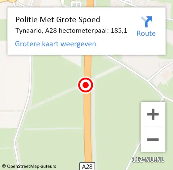 Locatie op kaart van de 112 melding: Politie Met Grote Spoed Naar Tynaarlo, A28 hectometerpaal: 185,1 op 19 november 2024 08:40