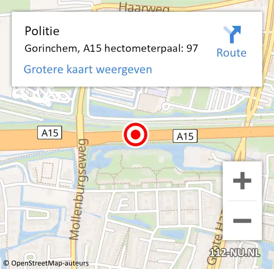 Locatie op kaart van de 112 melding: Politie Gorinchem, A15 hectometerpaal: 97 op 19 november 2024 09:20