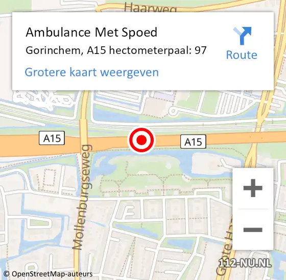 Locatie op kaart van de 112 melding: Ambulance Met Spoed Naar Gorinchem, A15 hectometerpaal: 97 op 19 november 2024 09:20