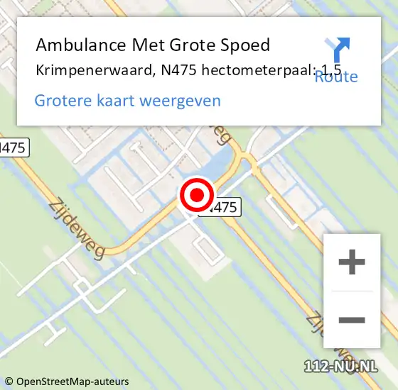 Locatie op kaart van de 112 melding: Ambulance Met Grote Spoed Naar Krimpenerwaard, N475 hectometerpaal: 1,5 op 19 november 2024 09:50