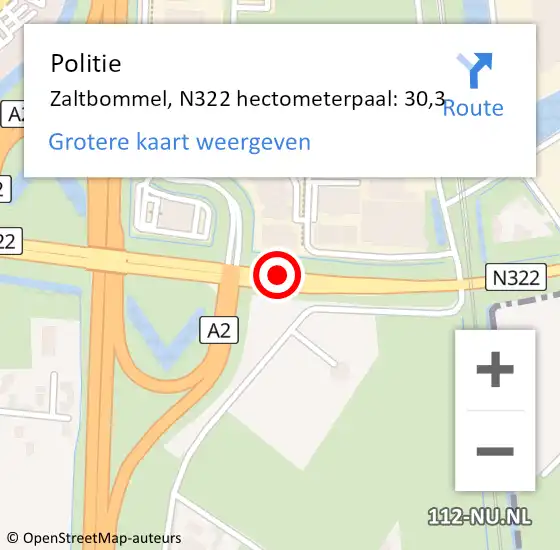 Locatie op kaart van de 112 melding: Politie Zaltbommel, N322 hectometerpaal: 30,3 op 19 november 2024 14:33