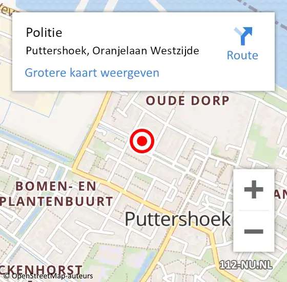 Locatie op kaart van de 112 melding: Politie Puttershoek, Oranjelaan Westzijde op 19 november 2024 15:45