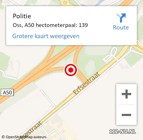 Locatie op kaart van de 112 melding: Politie Oss, A50 hectometerpaal: 139 op 19 november 2024 15:45