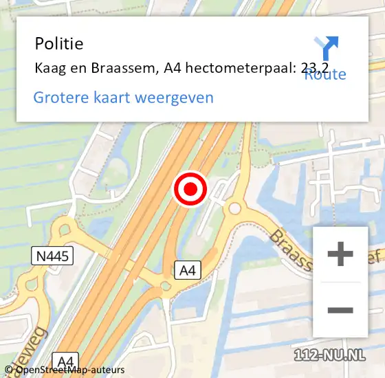 Locatie op kaart van de 112 melding: Politie Kaag en Braassem, A4 hectometerpaal: 23,2 op 19 november 2024 16:22