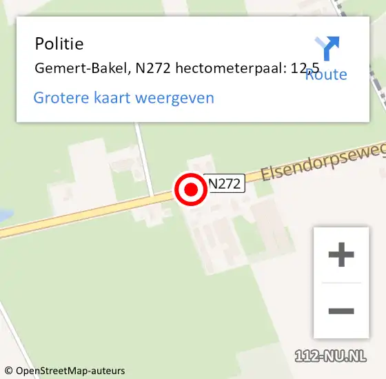 Locatie op kaart van de 112 melding: Politie Gemert-Bakel, N272 hectometerpaal: 12,5 op 19 november 2024 16:37