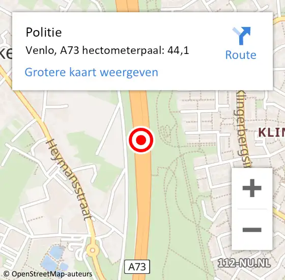 Locatie op kaart van de 112 melding: Politie Venlo, A73 hectometerpaal: 44,1 op 19 november 2024 16:52