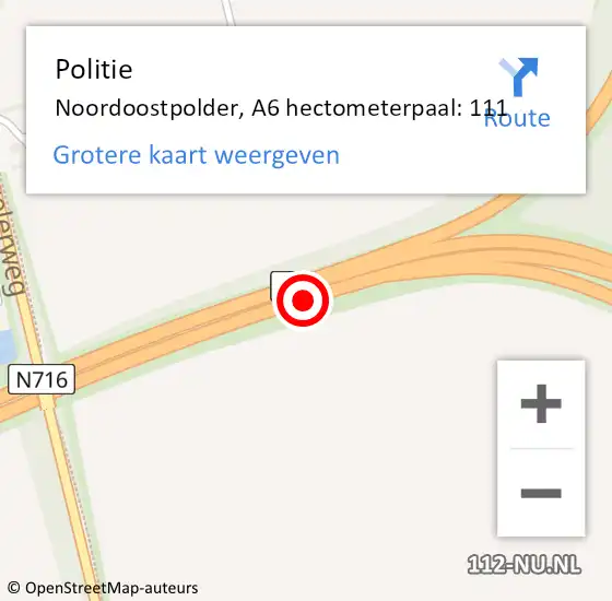 Locatie op kaart van de 112 melding: Politie Noordoostpolder, A6 hectometerpaal: 111 op 19 november 2024 16:55