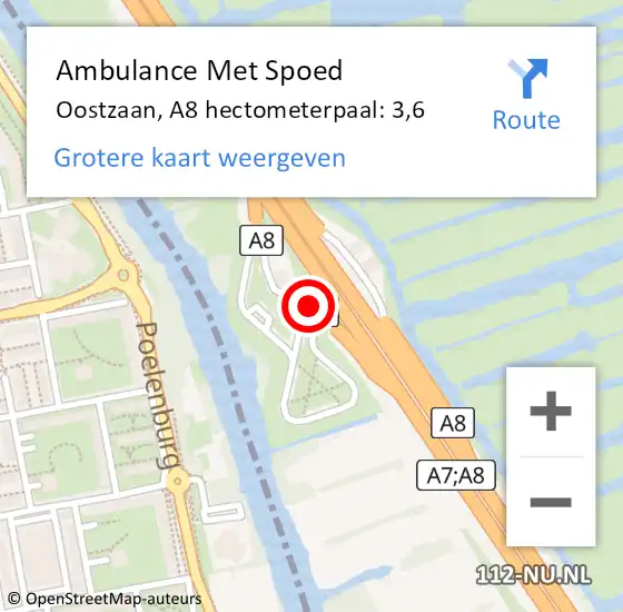 Locatie op kaart van de 112 melding: Ambulance Met Spoed Naar Oostzaan, A8 hectometerpaal: 3,6 op 19 november 2024 17:52