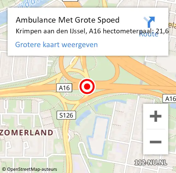 Locatie op kaart van de 112 melding: Ambulance Met Grote Spoed Naar Krimpen aan den IJssel, A16 hectometerpaal: 21,6 op 19 november 2024 17:53