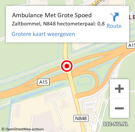 Locatie op kaart van de 112 melding: Ambulance Met Grote Spoed Naar Zaltbommel, N848 hectometerpaal: 0,8 op 19 november 2024 18:17