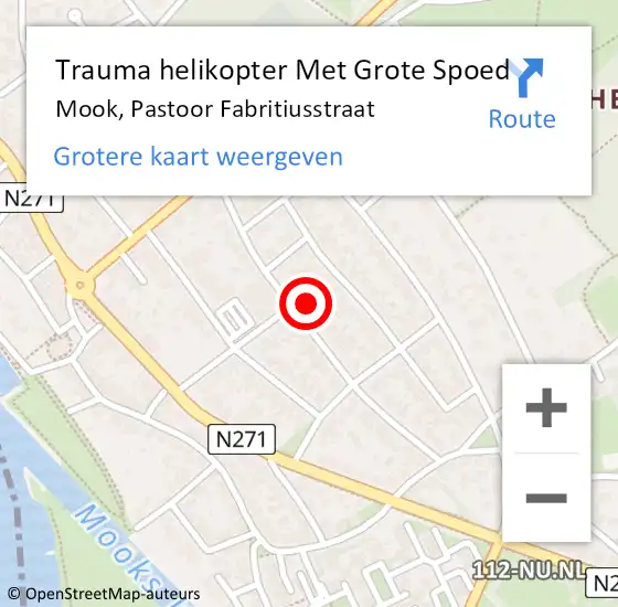 Locatie op kaart van de 112 melding: Trauma helikopter Met Grote Spoed Naar Mook, Pastoor Fabritiusstraat op 19 november 2024 18:22