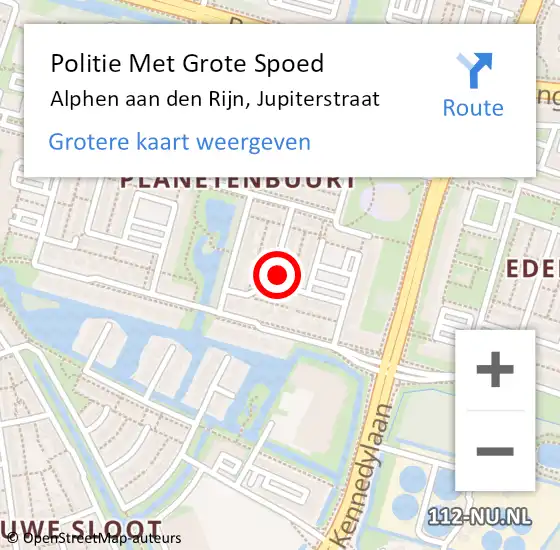 Locatie op kaart van de 112 melding: Politie Met Grote Spoed Naar Alphen aan den Rijn, Jupiterstraat op 19 november 2024 19:02