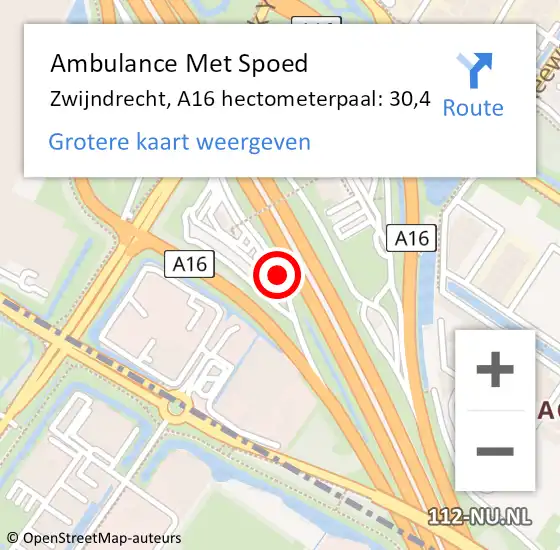 Locatie op kaart van de 112 melding: Ambulance Met Spoed Naar Zwijndrecht, A16 hectometerpaal: 30,4 op 19 november 2024 19:03