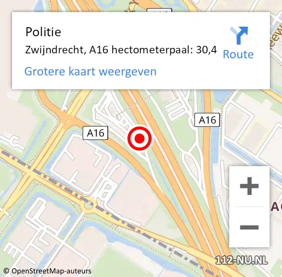 Locatie op kaart van de 112 melding: Politie Zwijndrecht, A16 hectometerpaal: 30,4 op 19 november 2024 19:05