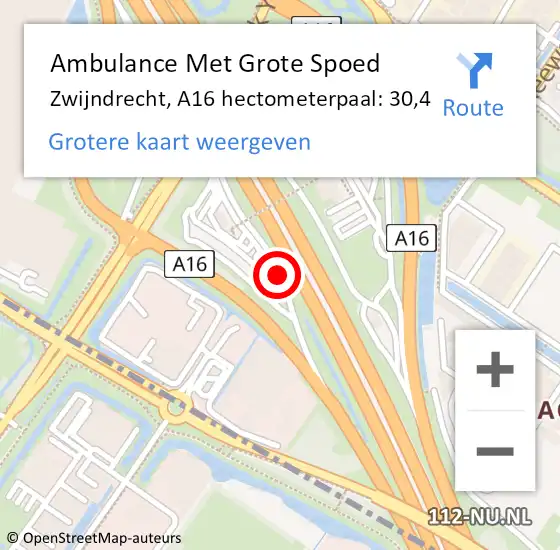 Locatie op kaart van de 112 melding: Ambulance Met Grote Spoed Naar Zwijndrecht, A16 hectometerpaal: 30,4 op 19 november 2024 19:05