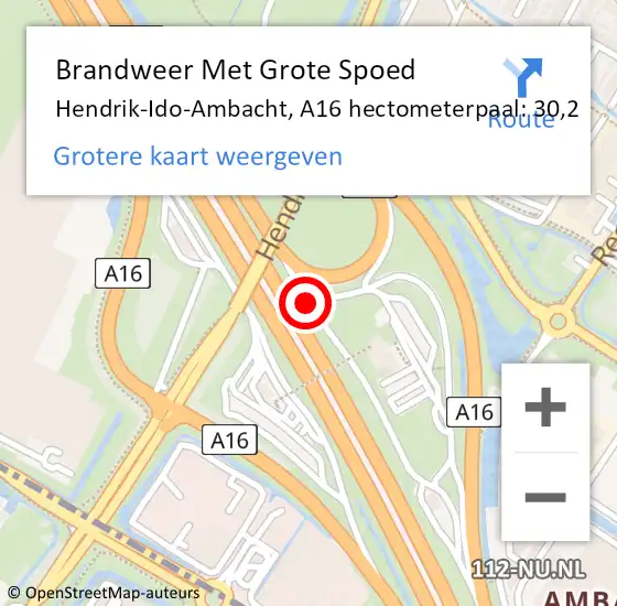 Locatie op kaart van de 112 melding: Brandweer Met Grote Spoed Naar Hendrik-Ido-Ambacht, A16 hectometerpaal: 30,2 op 19 november 2024 19:05